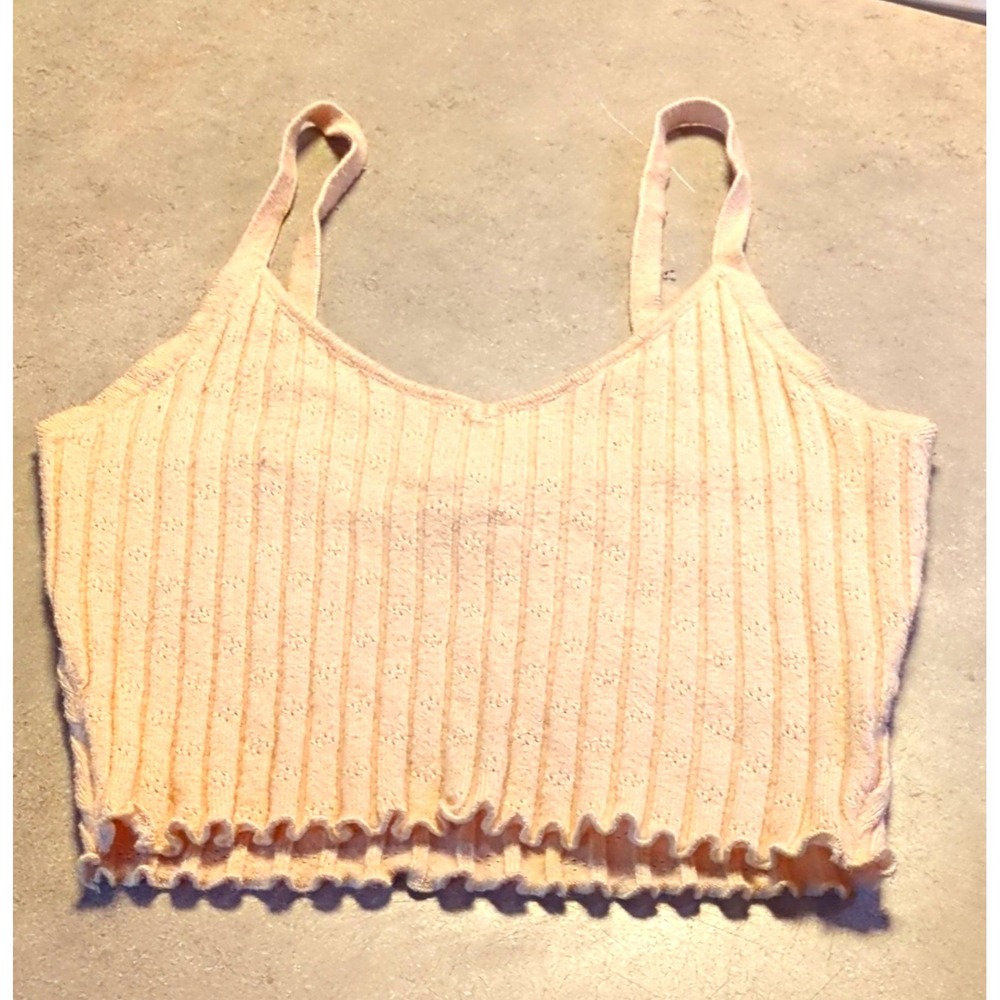 AJ Soprano Beige Ribbed Knit Stretch Camisole Crop Top Ruffle Women S